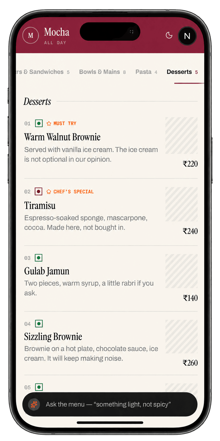 The Cuisiq guest menu, showing a restaurant's Desserts tab with dish descriptions, prices, and an Ask the menu prompt