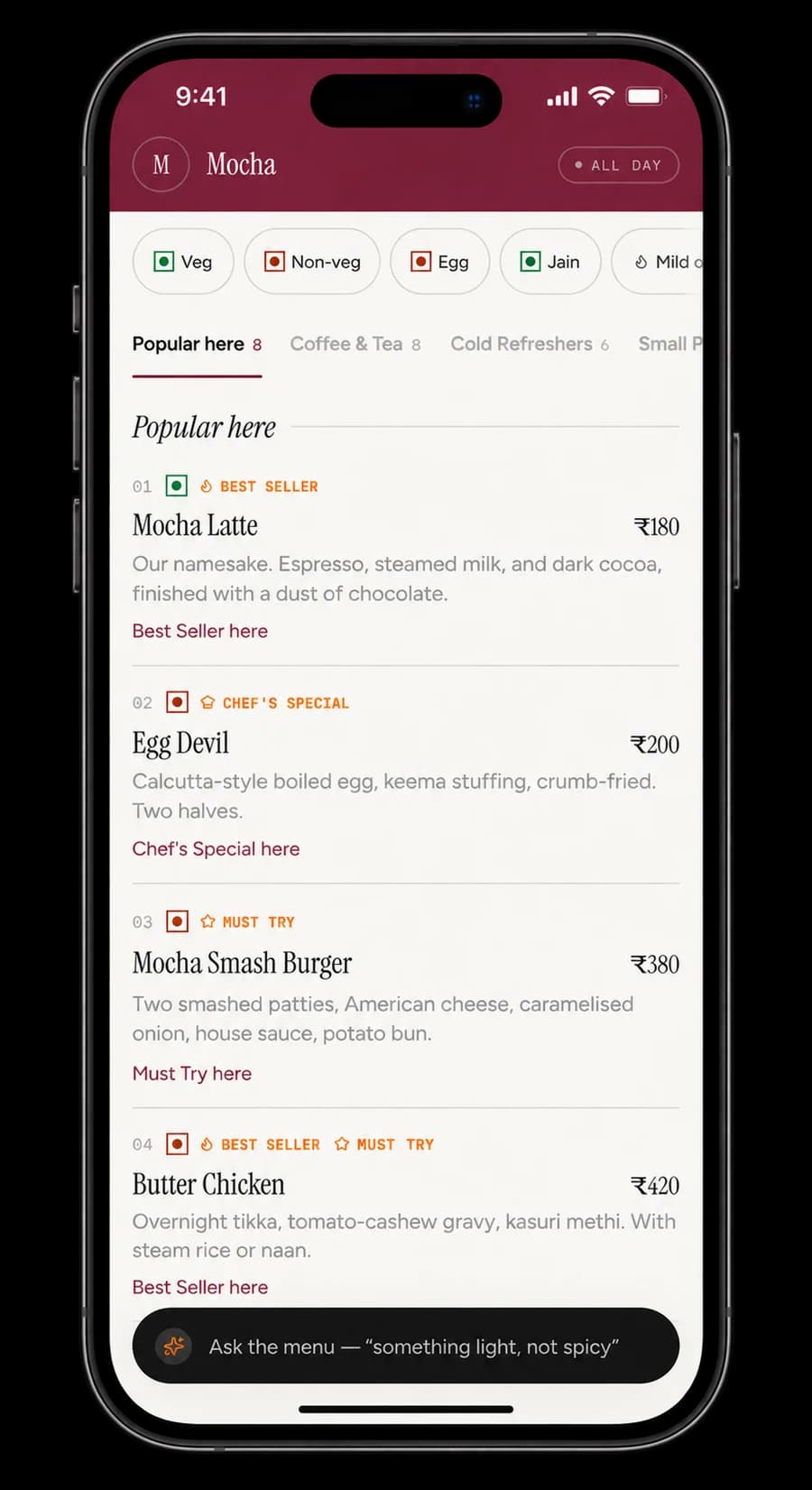 The Mocha menu on Cuisiq, showing dietary filter chips and the Popular Here section reordered for this guest