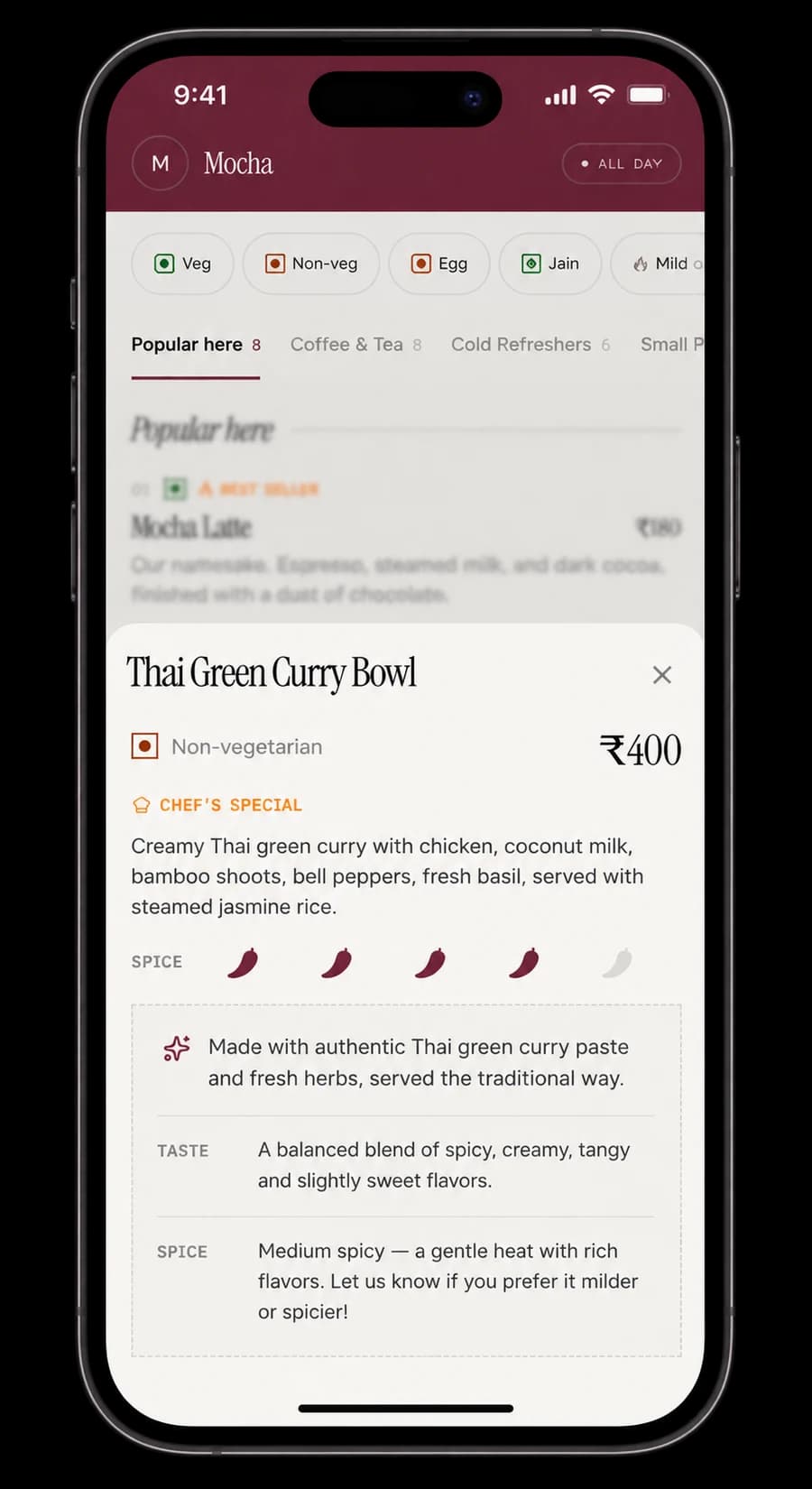 A dish detail sheet for Thai Green Curry Bowl with an AI-written taste and spice explainer